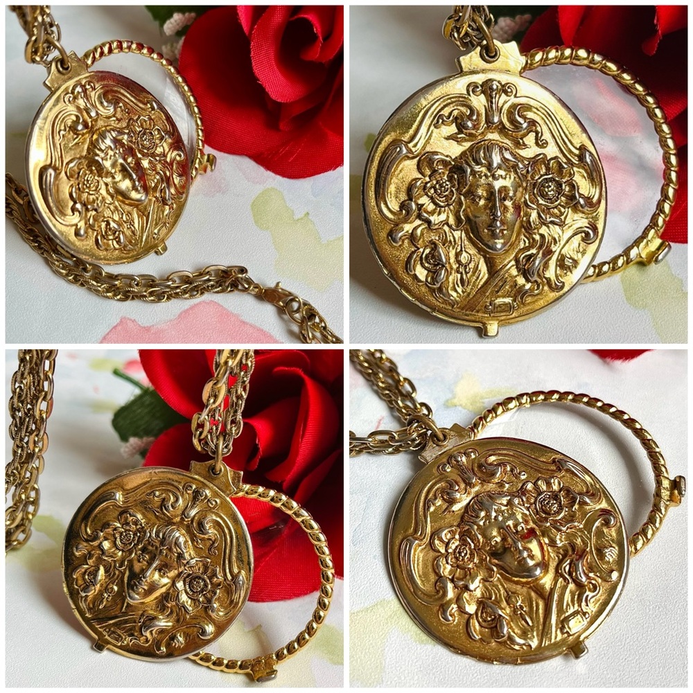 Victorian Art Nouveau Revival Gibson Girl Magnifying Glass Double Chain Necklace